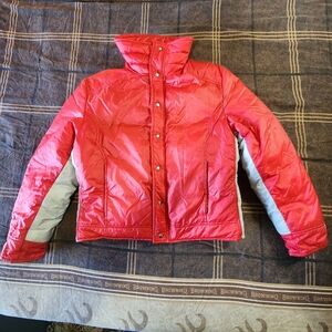 Vintage Beconta Down Puffer Jacket Men XL Red Grey Quilted Nylon Ski Winter Read